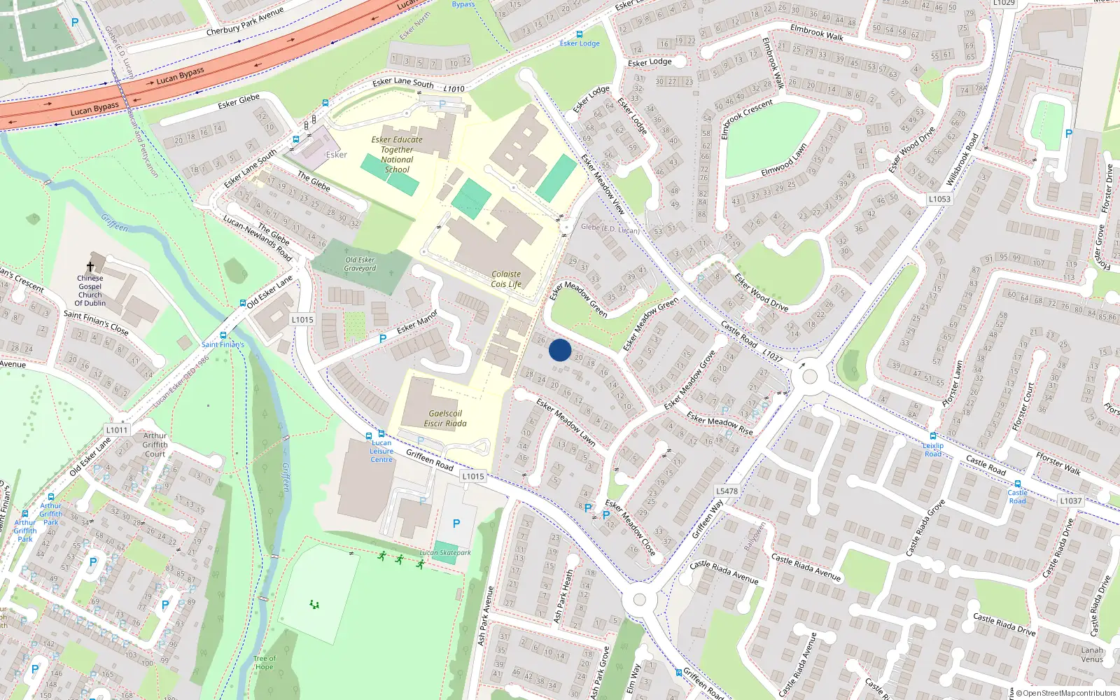 Overhead map showing the location of 23 Esker Meadow Green, Lucan, Dublin