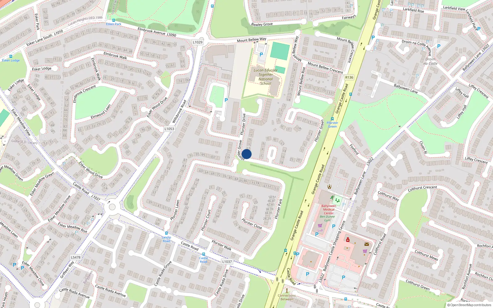 Overhead map showing the location of 23 Fforster Drive, Ballydowd Manor, Lucan