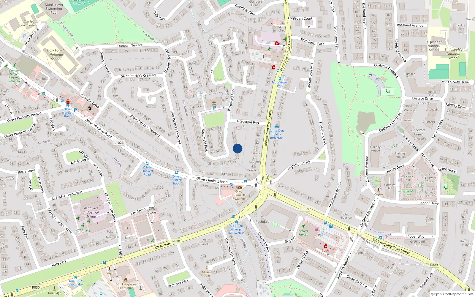 Overhead map showing the location of 23 Fitzgearld Park, Mounttown, Dun Laoghaire