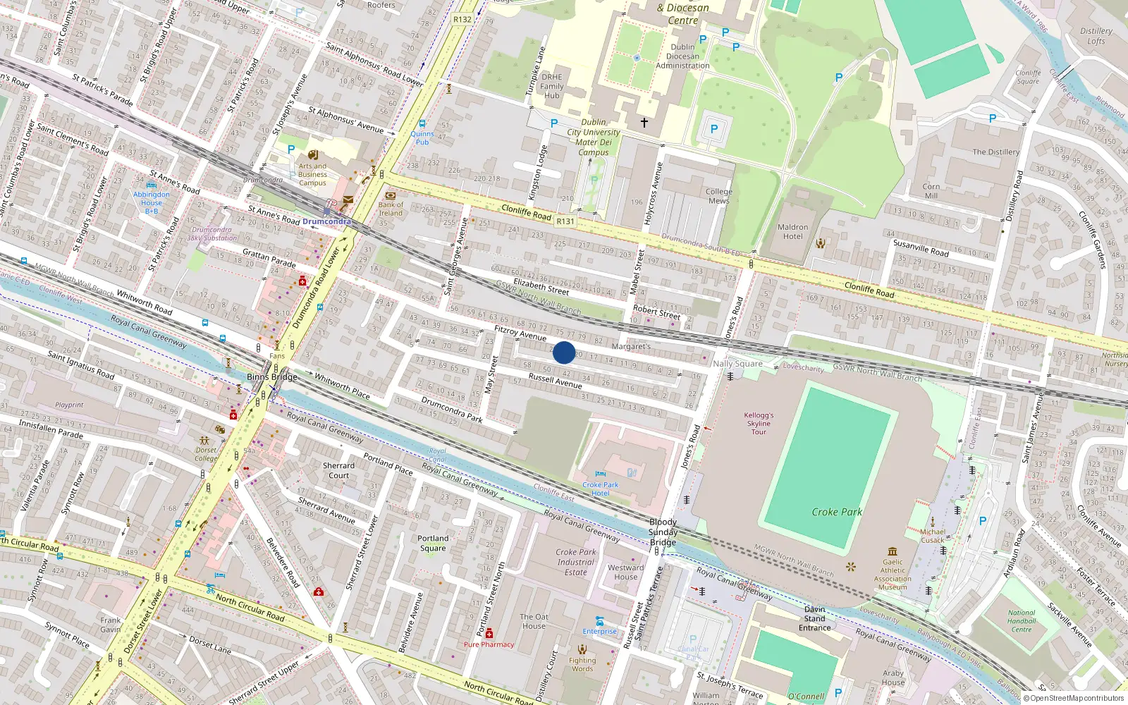 Overhead map showing the location of 23 Fitzroy Avenue, Drumcondra, Dublin 9