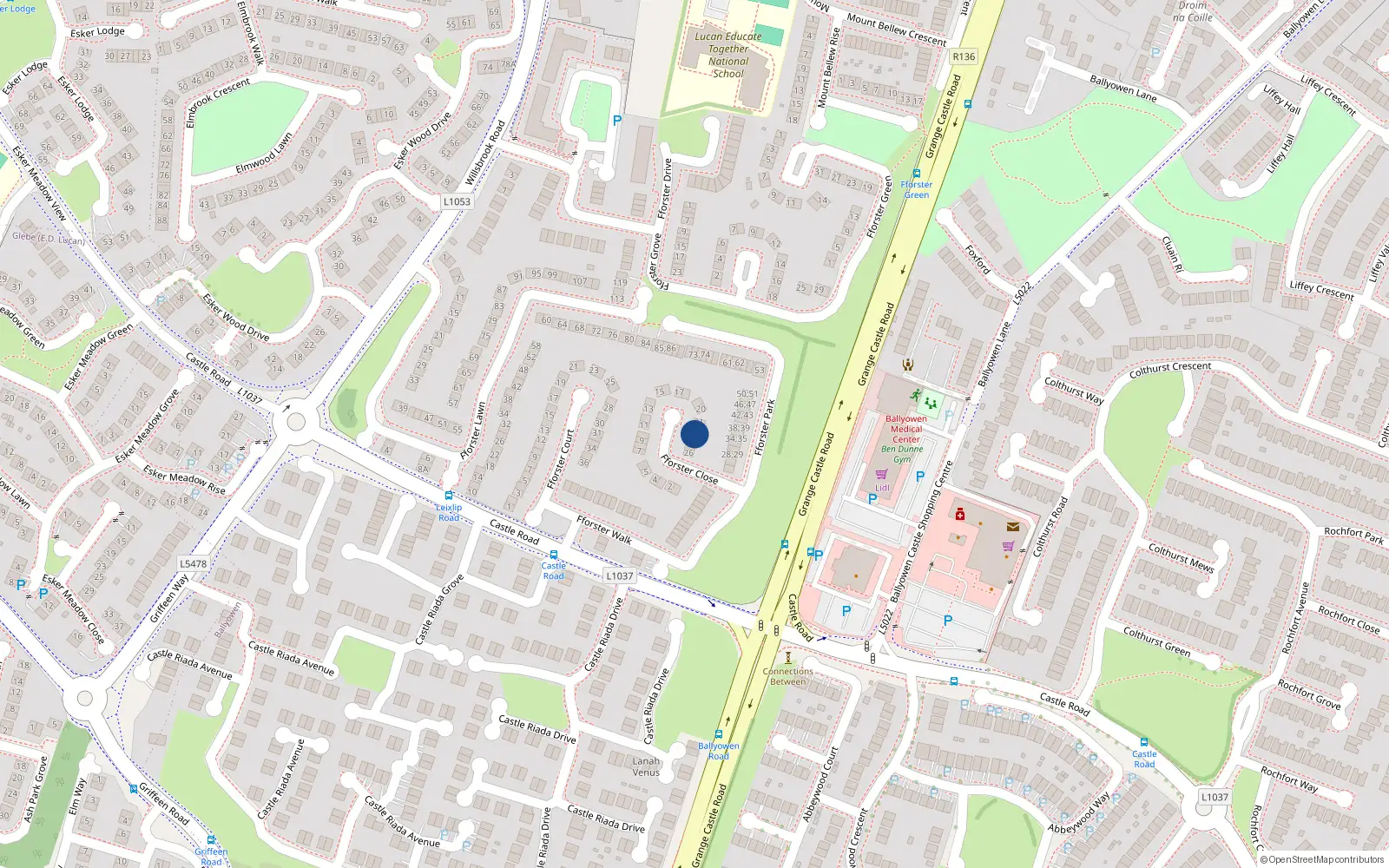 Overhead map showing the location of 23 Forster Close, Lucan, Dublin