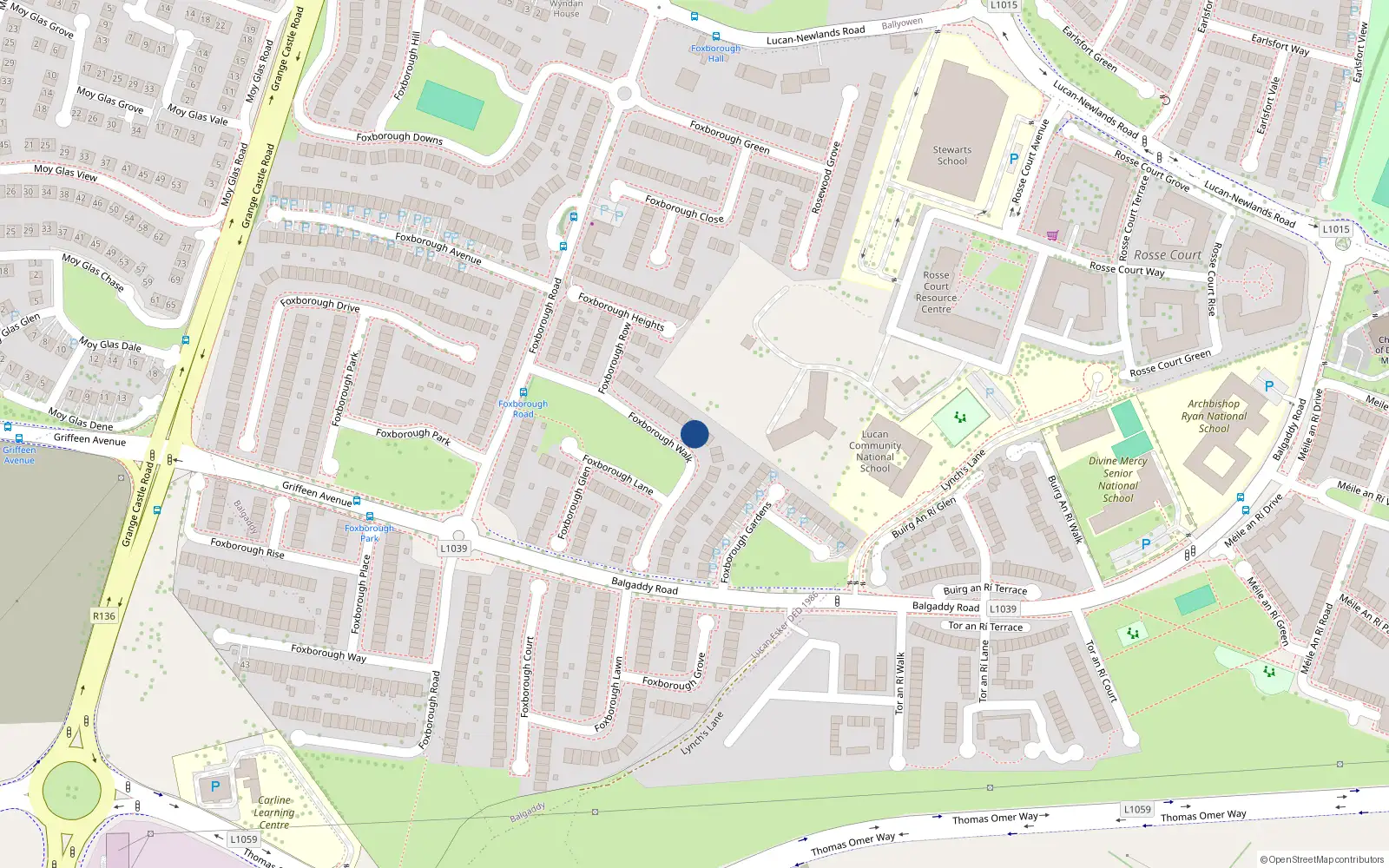 Overhead map showing the location of 23 Foxborough Walk, Lucan, Dublin