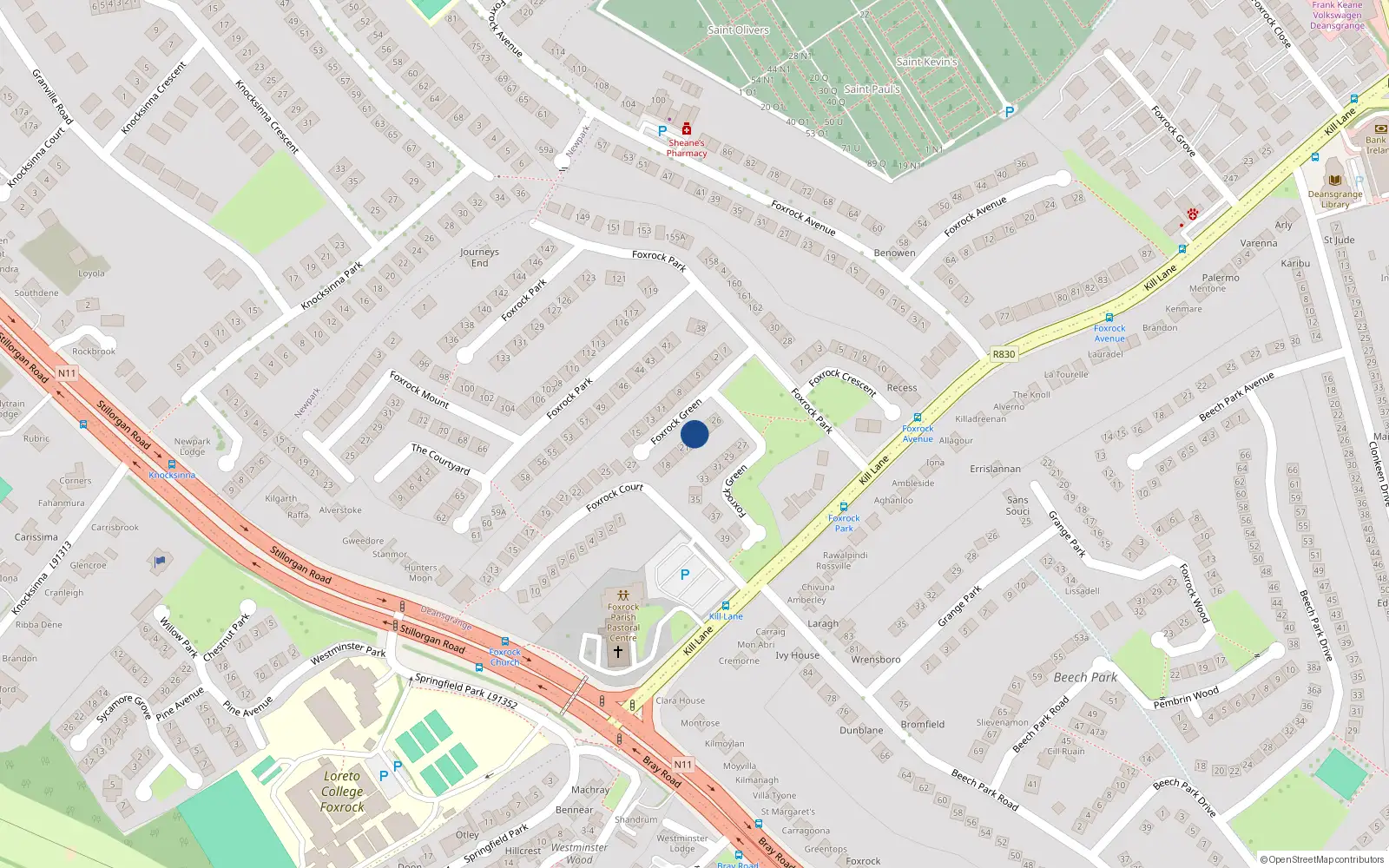 Overhead map showing the location of 23 Foxrock Green, Dublin 18