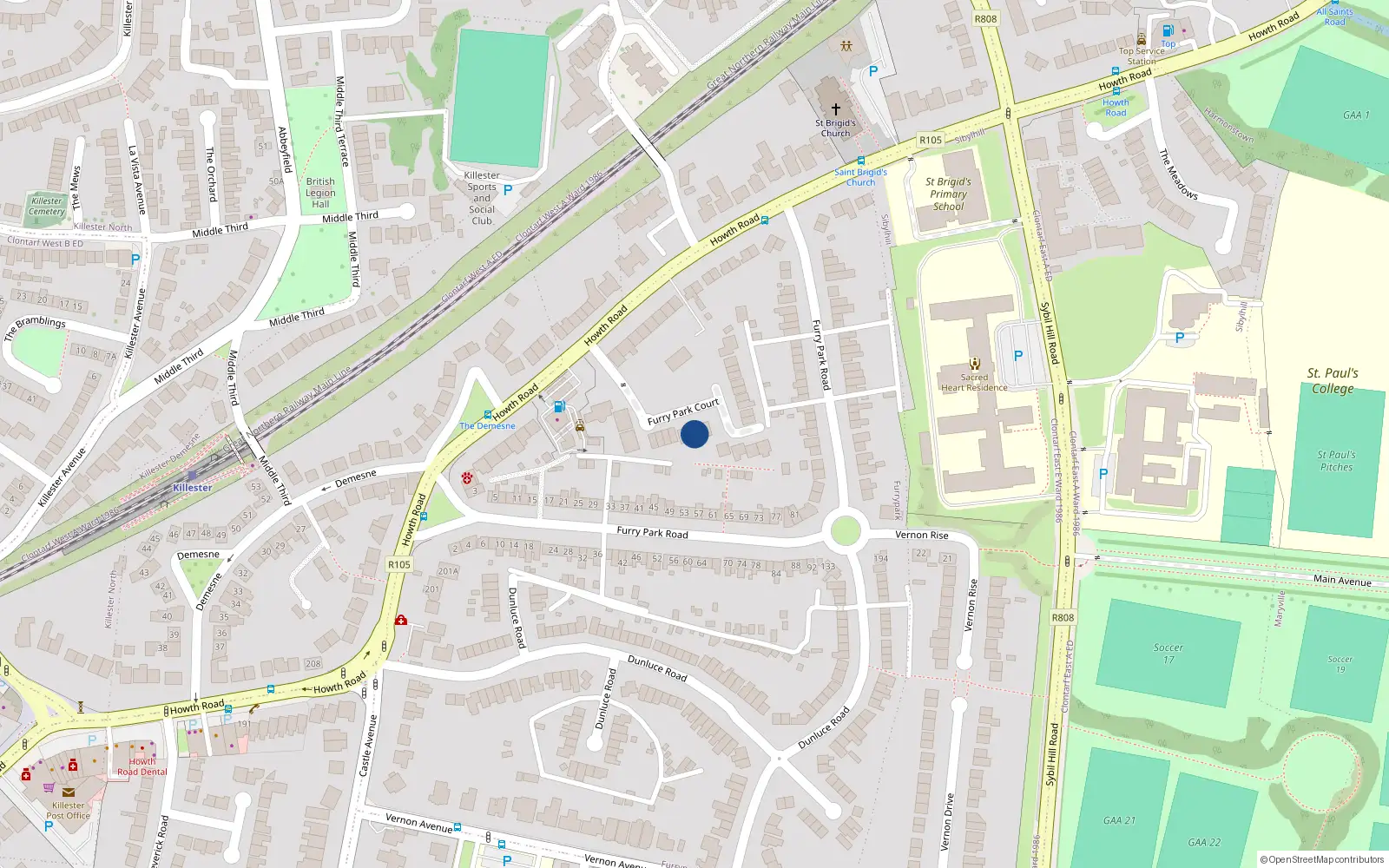Overhead map showing the location of 23 Furry Park Court, Dublin 5, Dublin