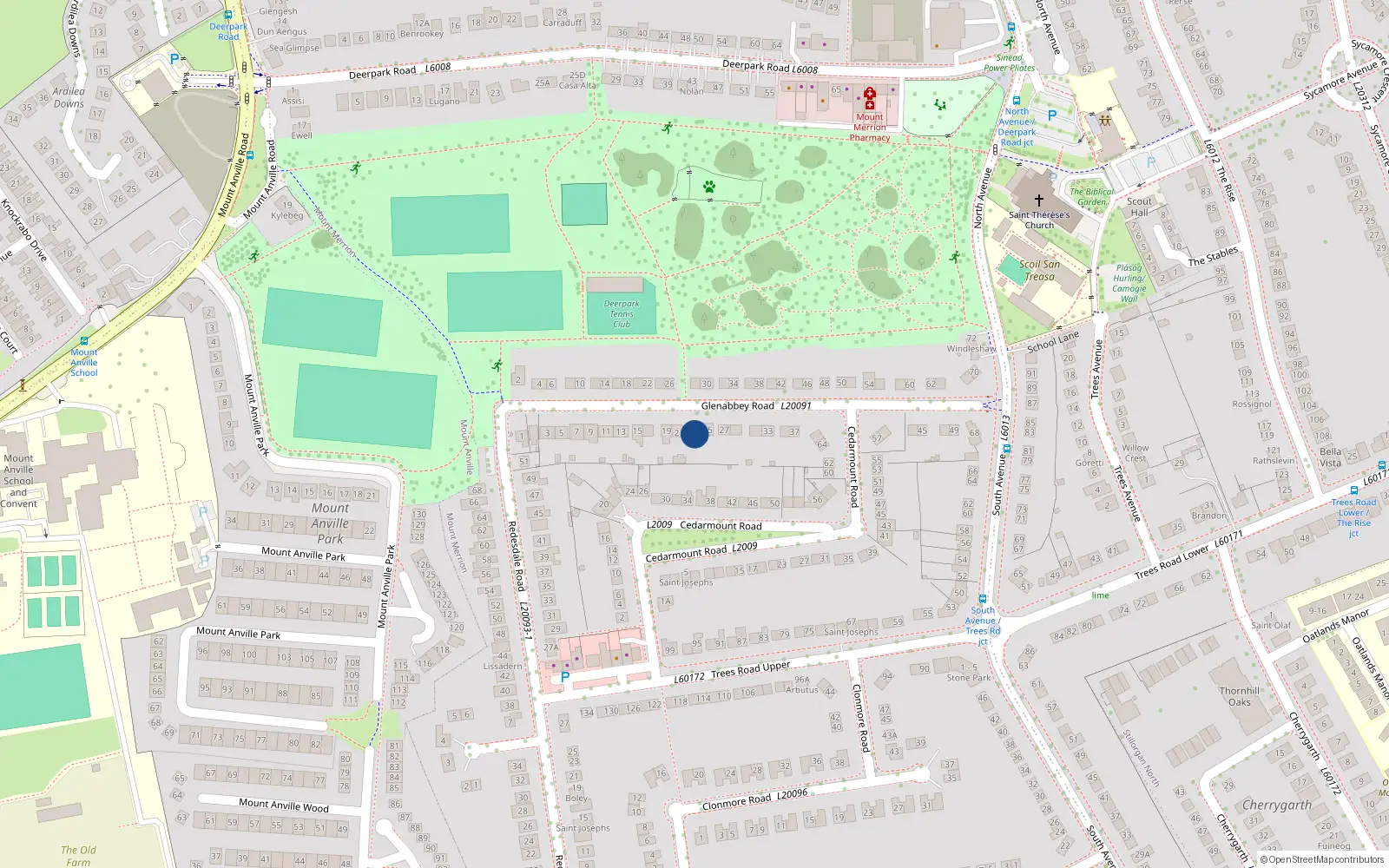 Overhead map showing the location of 23 Glenabbey Road, Mount Merrion, Co Dublin