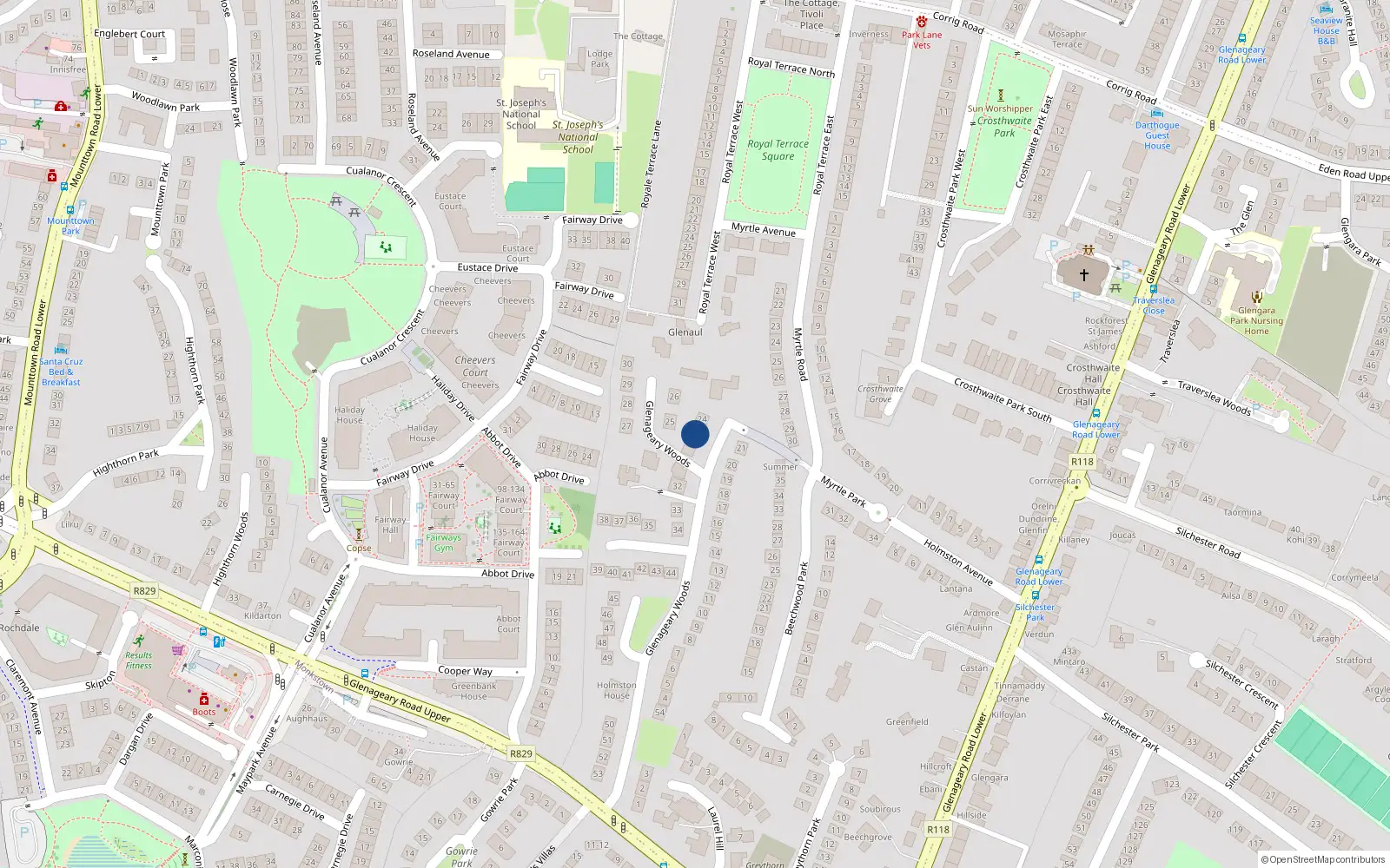Overhead map showing the location of 23 Glenageary Woods, Co Dublin