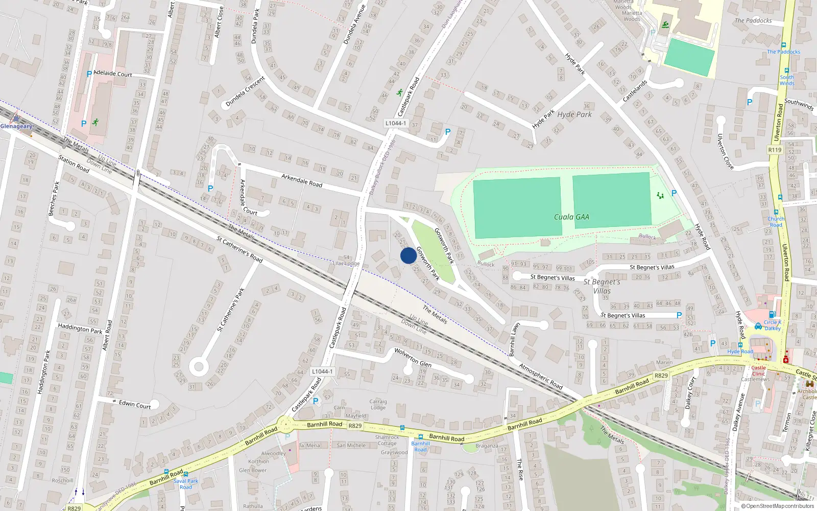 Overhead map showing the location of 23 Gosworth Park, Sandycove