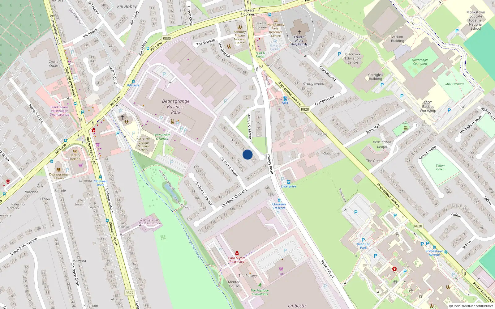Overhead map showing the location of 23 Grange Crescent, Kill O the Grange, Dublin