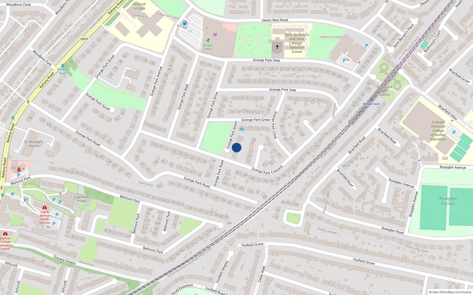 Overhead map showing the location of 23 Grange Park Green, Raheny, Dublin 5