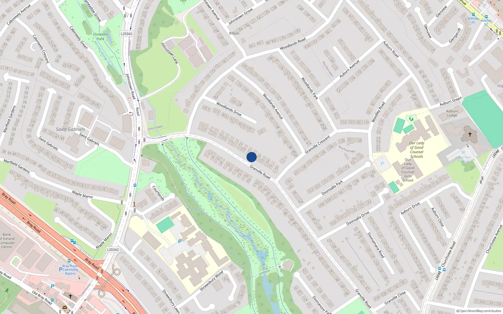 Overhead map showing the location of 23 Granville Road, Dublin