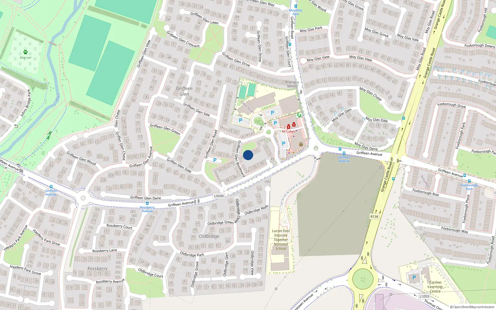 Overhead map showing the location of 23 Griffeen Glen Blvd, Lucan, Dublin