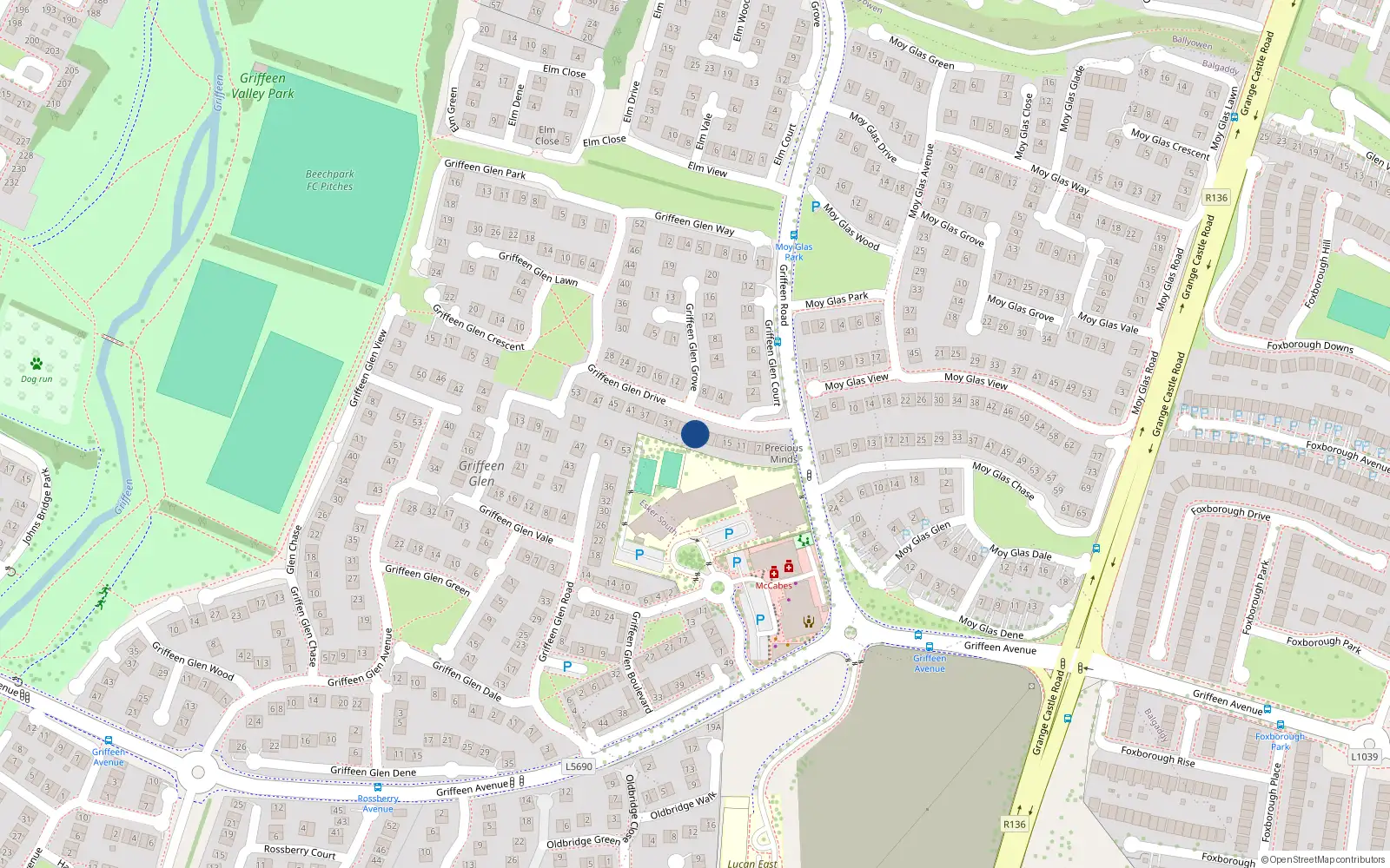 Overhead map showing the location of 23 Griffeen Glen Drive, Lucan, Dublin