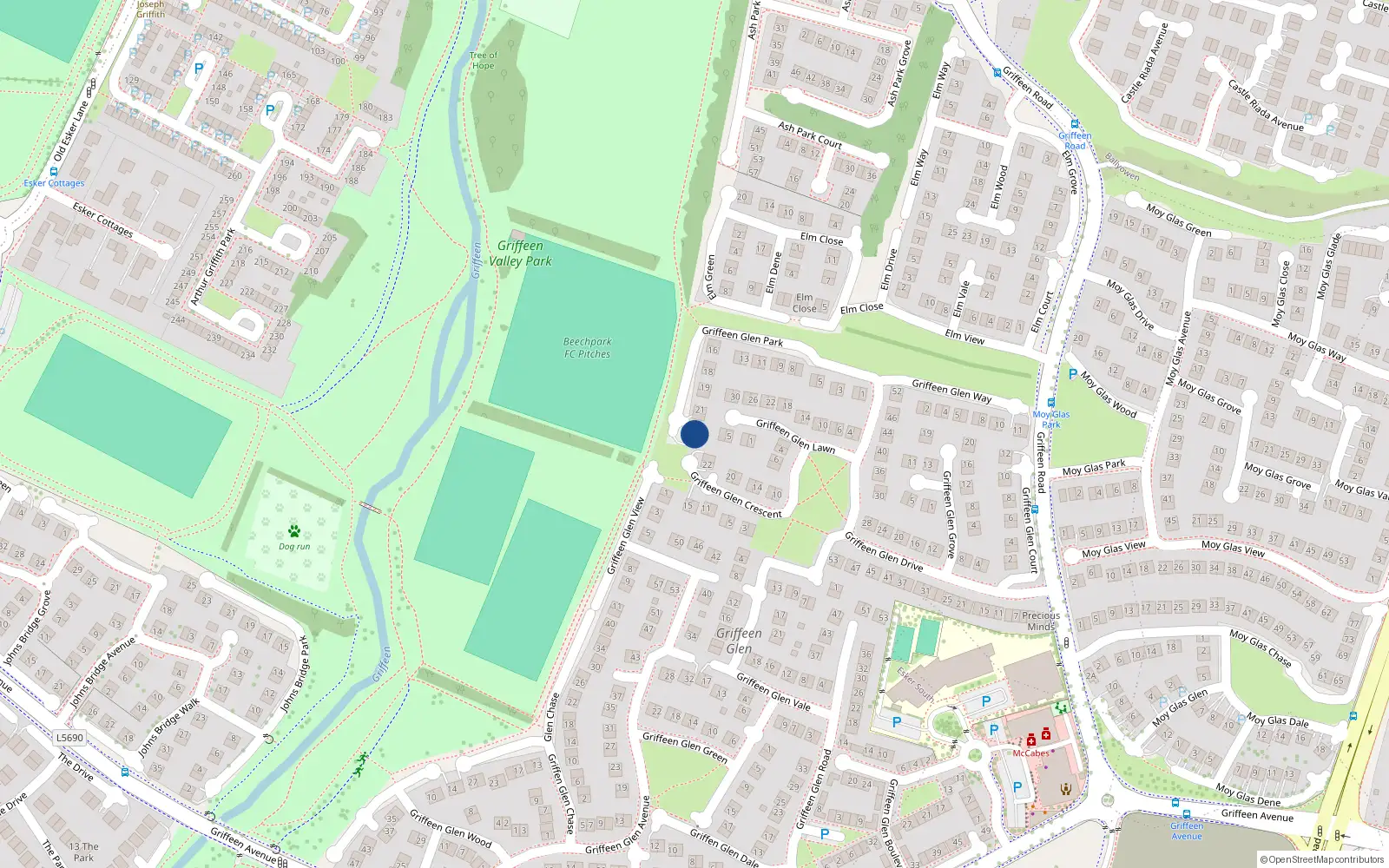 Overhead map showing the location of 23 Griffeen Glen Park, Lucan, Co Dublin