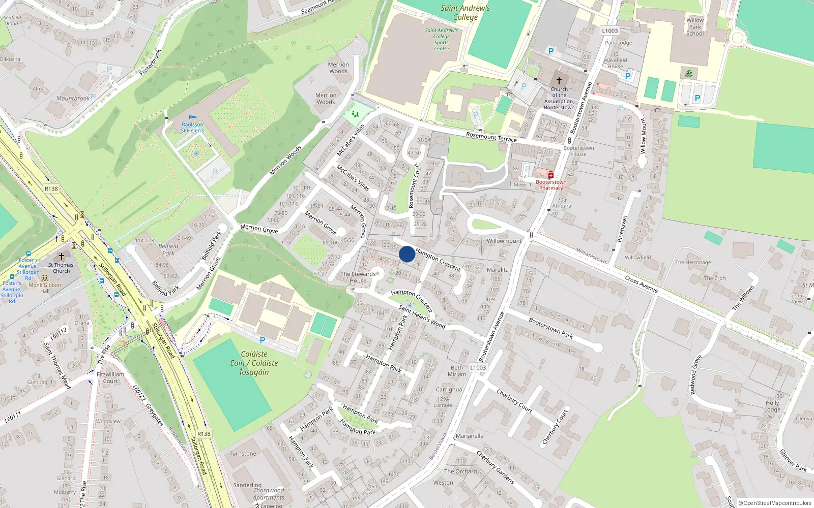 Overhead map showing the location of 23 Hampton Crescent, Booterstown