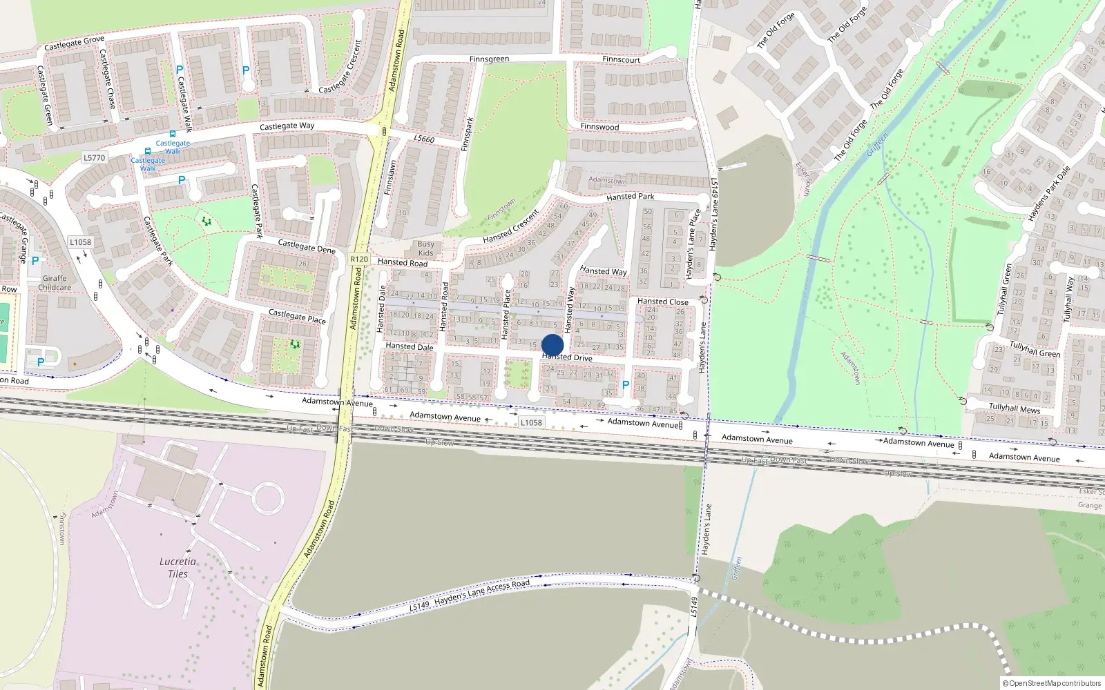 Overhead map showing the location of 23 Hansted Drive, Lucan