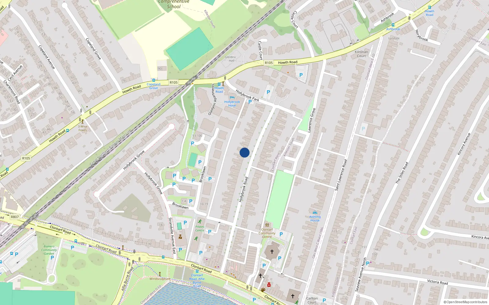 Overhead map showing the location of 23 Hollybrook Road, Clontarf, Dublin 3