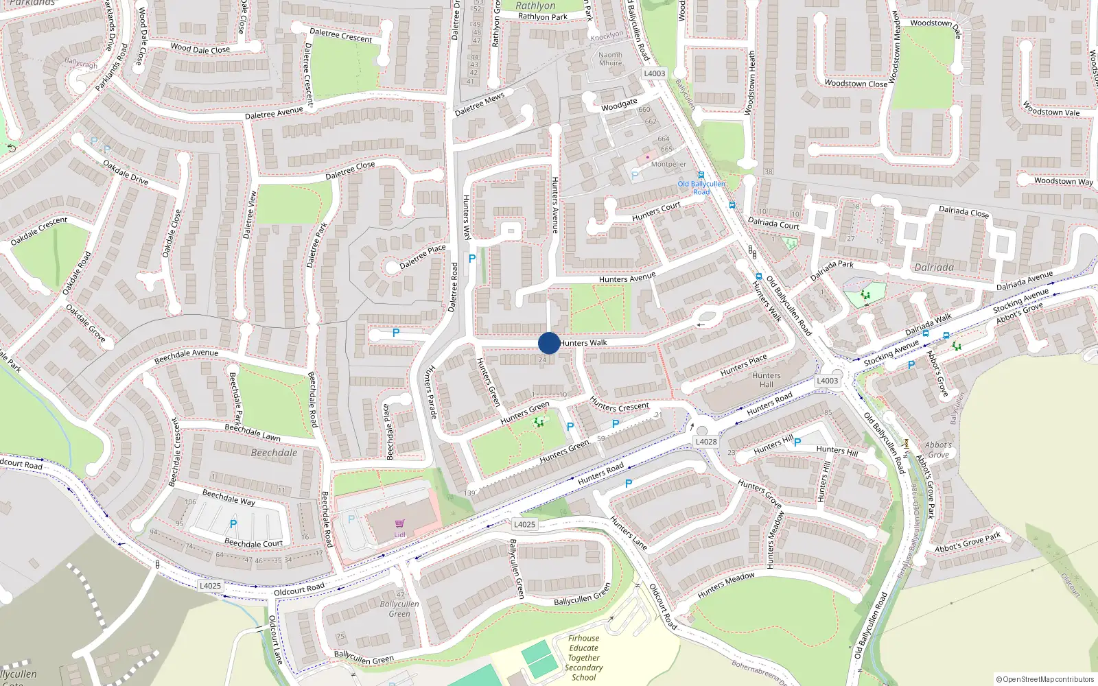 Overhead map showing the location of 23 Hunters Walk, Firhouse