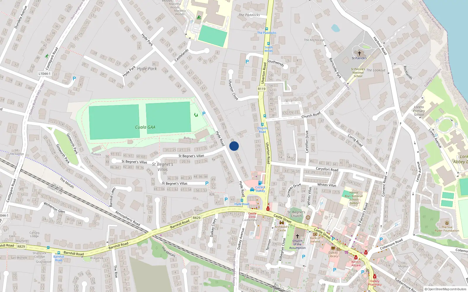Overhead map showing the location of 23 Hyde Road, Dalkey, Dublin