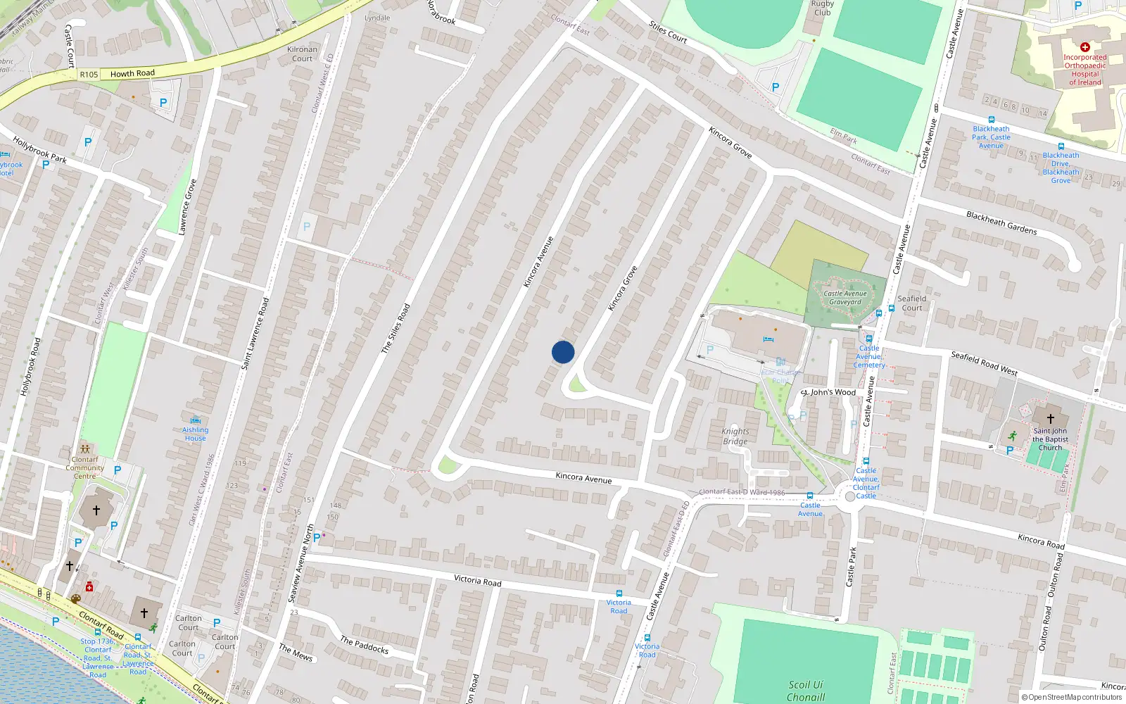 Overhead map showing the location of 23 Kincora Drive, Dublin 3