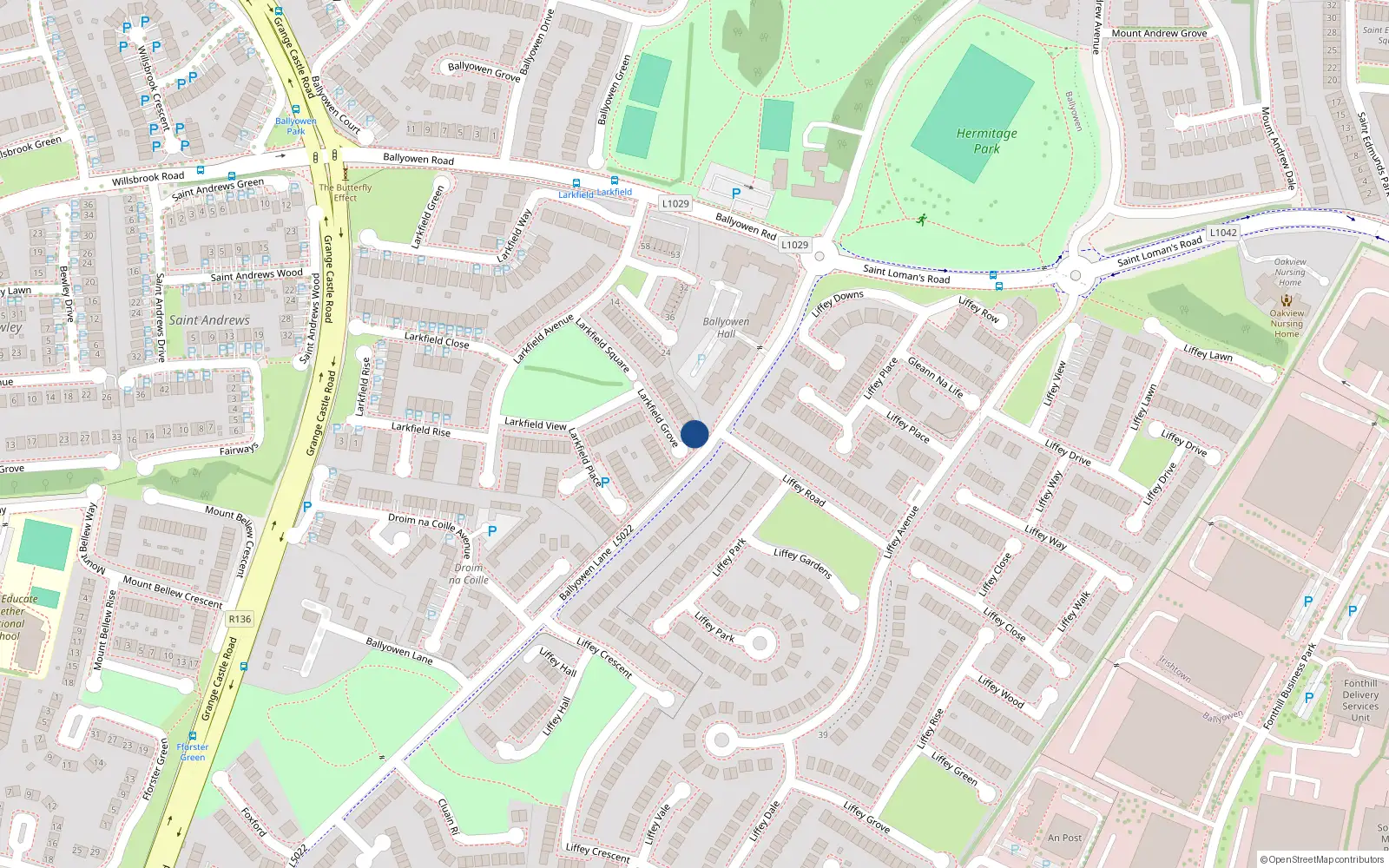 Overhead map showing the location of 23 Larkfield Grove, Lucan