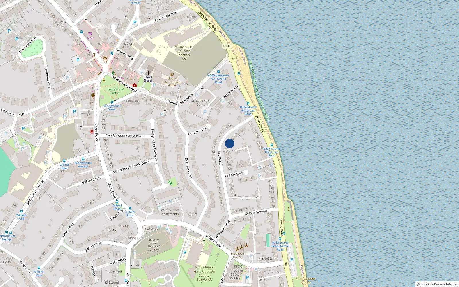 Overhead map showing the location of 23 Lea Road, Sandymount