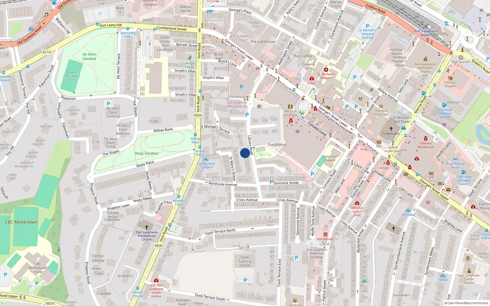 Overhead map showing the location of 23 Library Road, Dun Laoghaire, Dublin