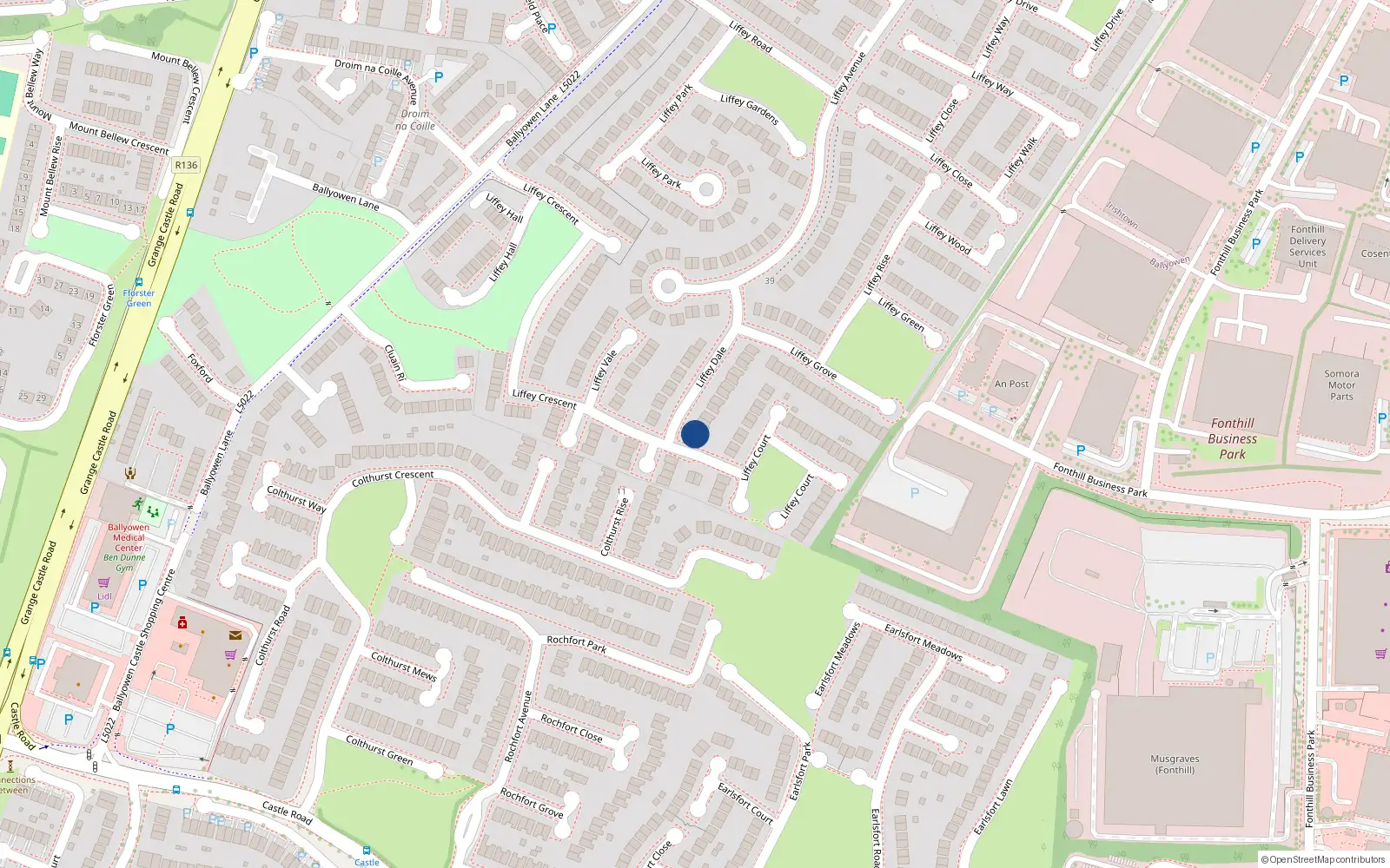 Overhead map showing the location of 23 Liffey Dale, Liffey Valley Park, Lucan