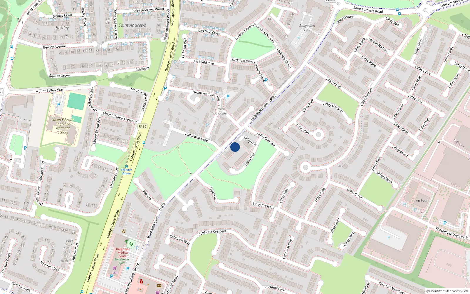 Overhead map showing the location of 23 Liffey Hall, Liffey Valley Park, Lucan