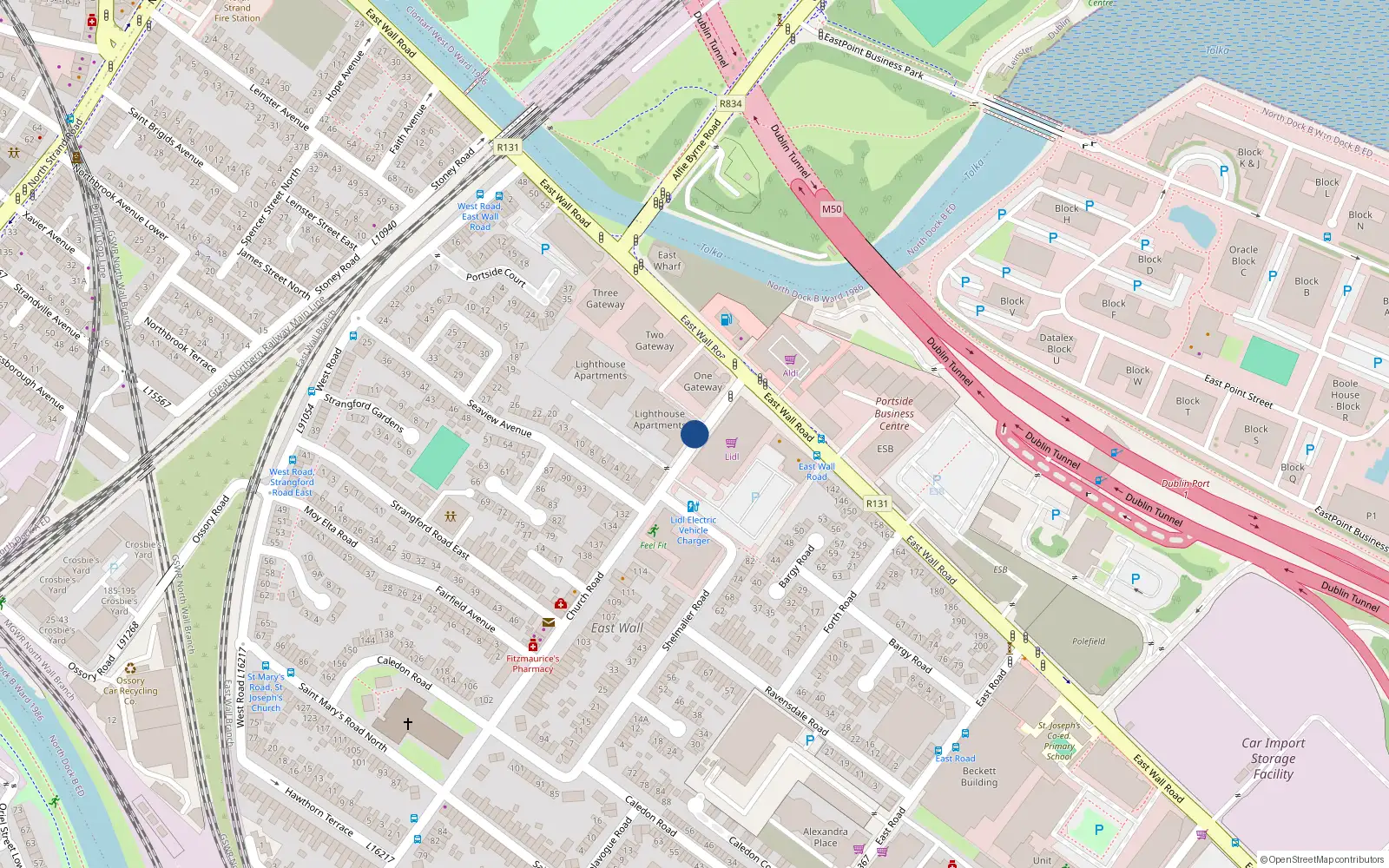 Overhead map showing the location of 23 Lighthouse Apts, East Wall, Dublin 3