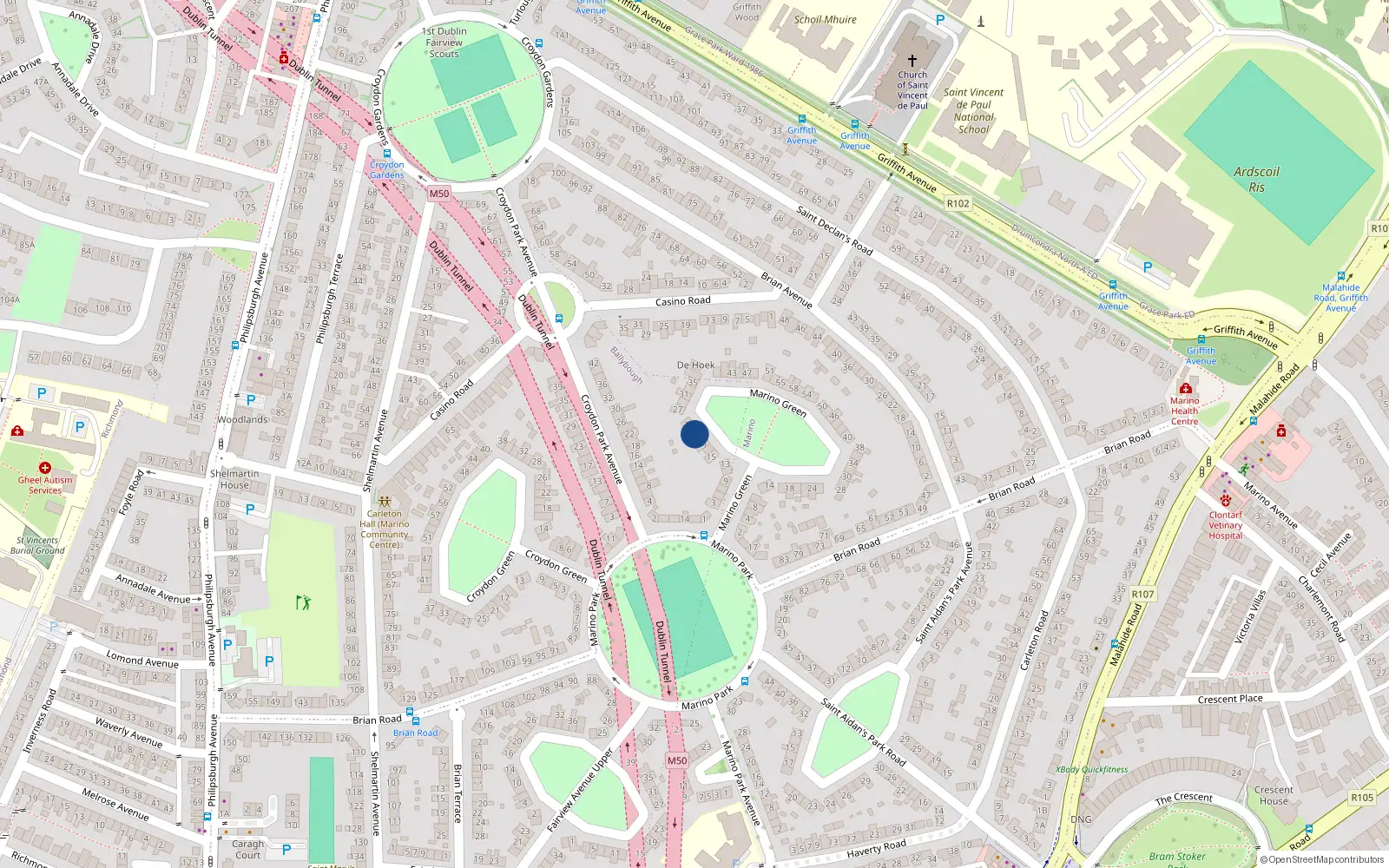 Overhead map showing the location of 23 Marino Green, Marino, Dublin 3