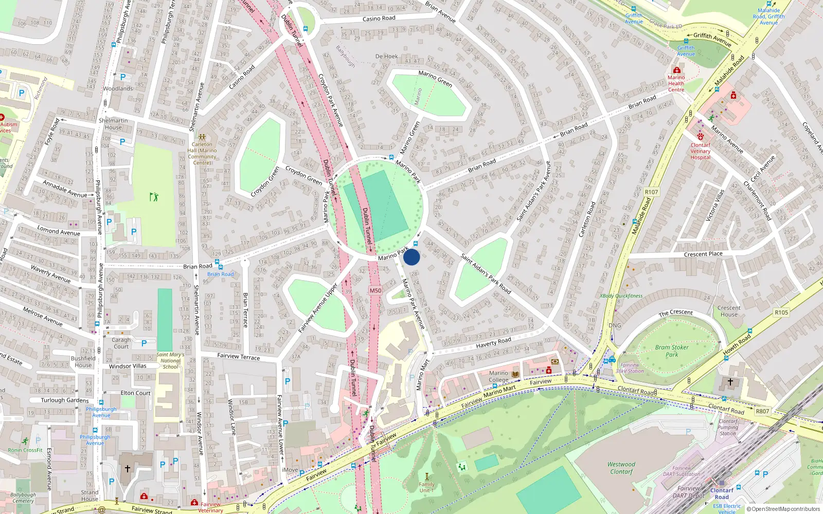 Overhead map showing the location of 23 Marino Park, Dublin 3