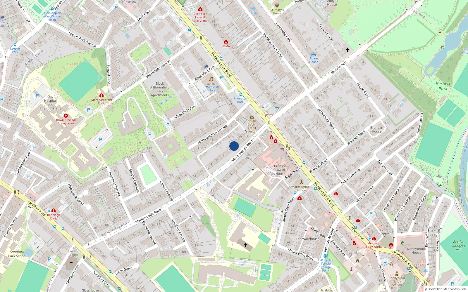 Overhead map showing the location of 23 Marlborough Road, Donnybrook