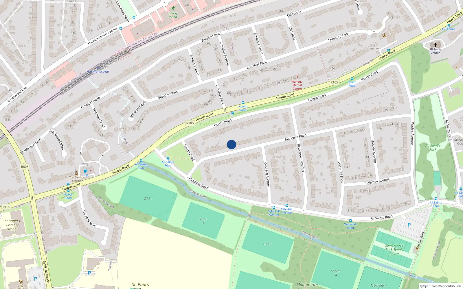 Overhead map showing the location of 23 Maryville Road, Dublin 5