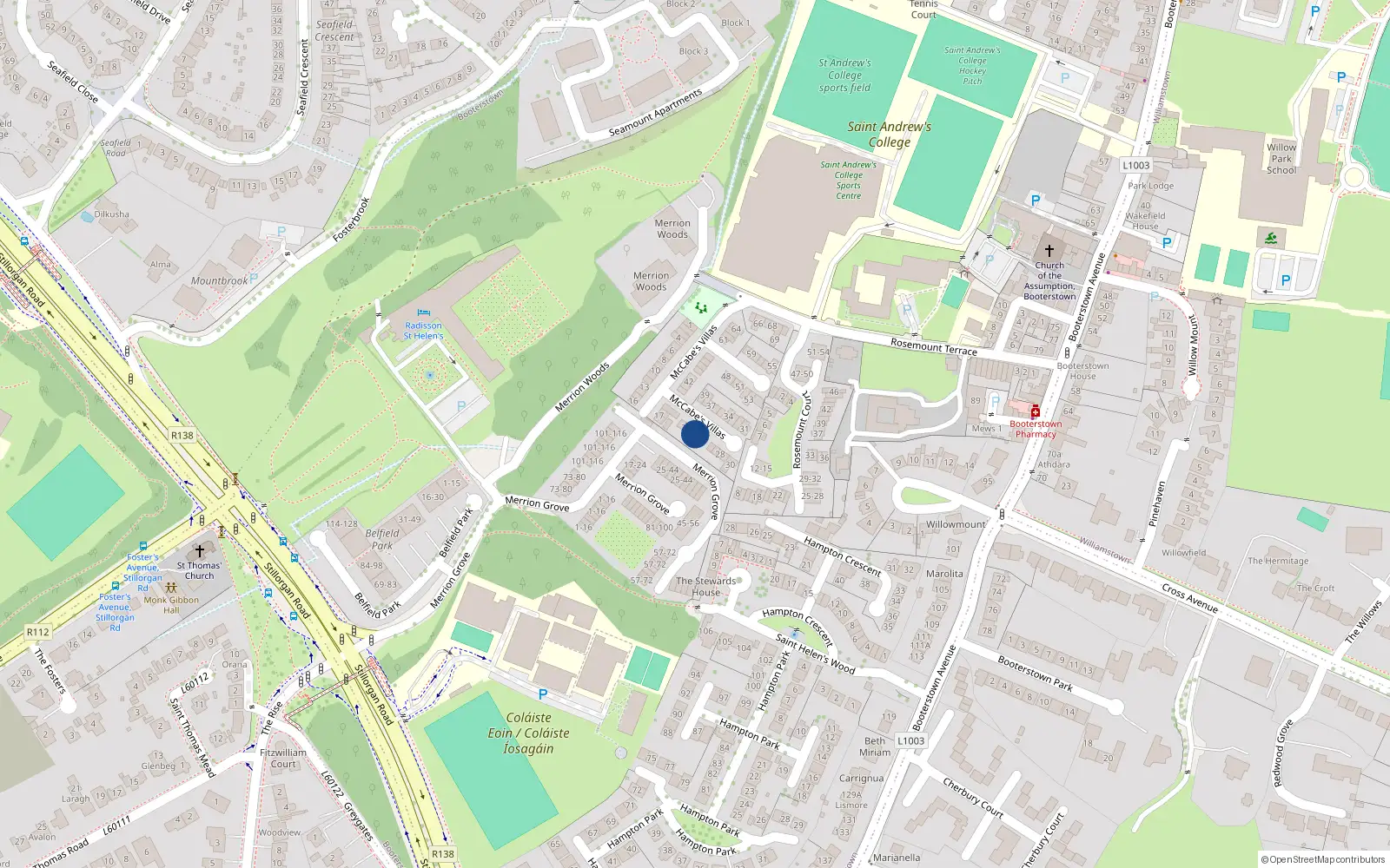 Overhead map showing the location of 23 McCabe's Villas, Booterstown