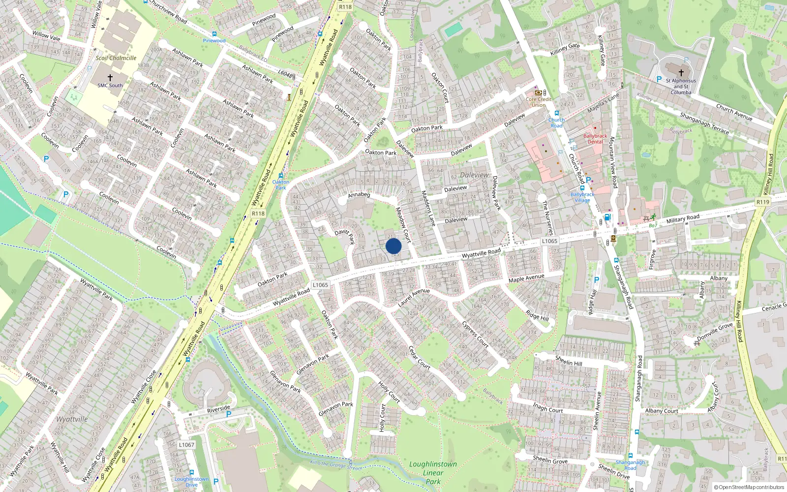 Overhead map showing the location of 23 Meadow Court, Ballybrack