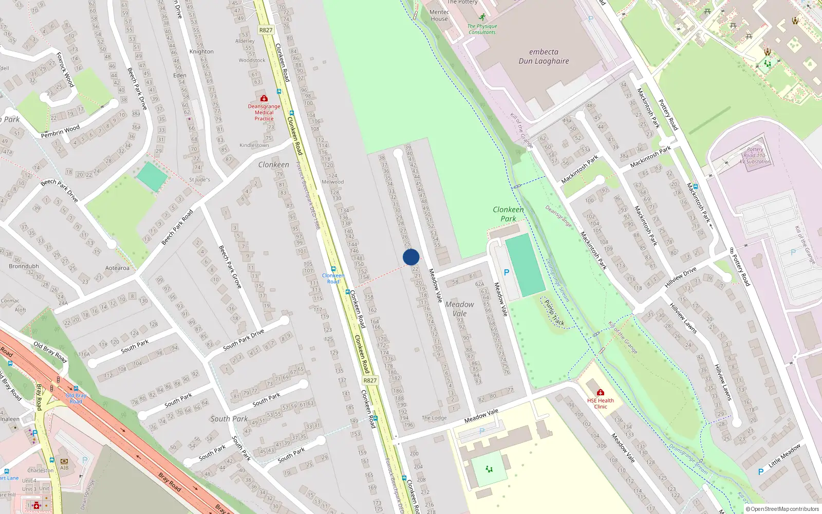 Overhead map showing the location of 23 Meadow Vale, Blackrock, Dublin