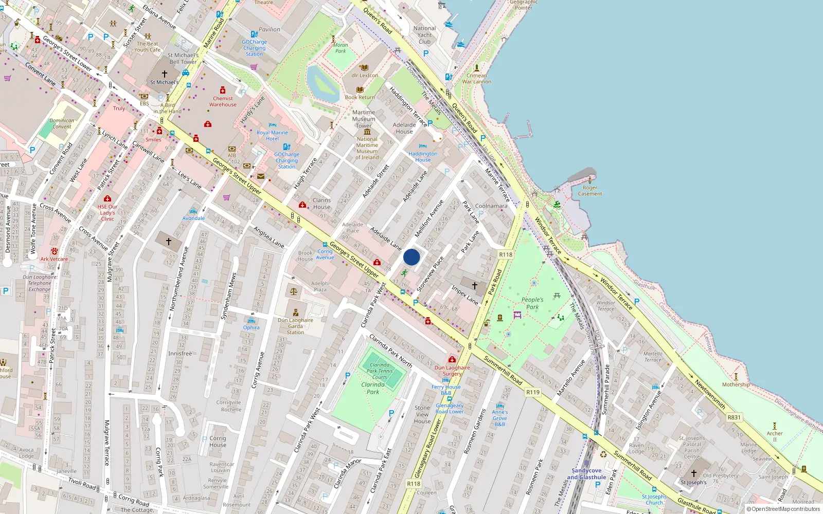 Overhead map showing the location of 23 Mellifont Avenue, Dun Laoghaire, Co Dublin