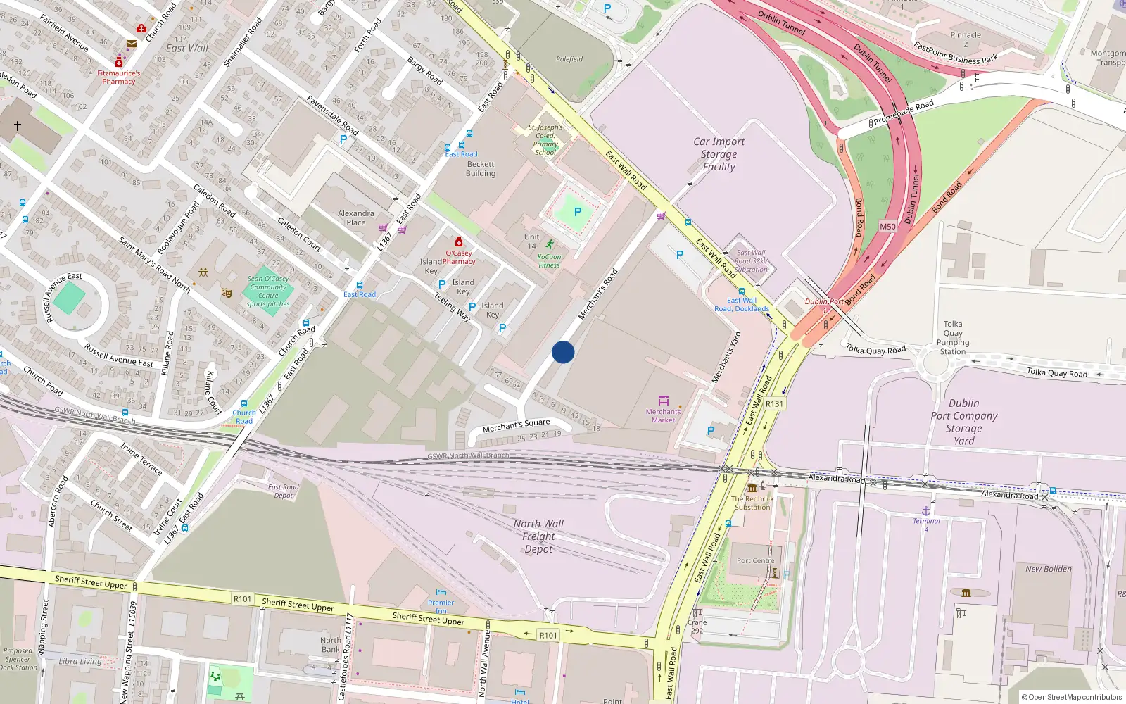 Overhead map showing the location of 23 Merchant's Road, Dublin 3
