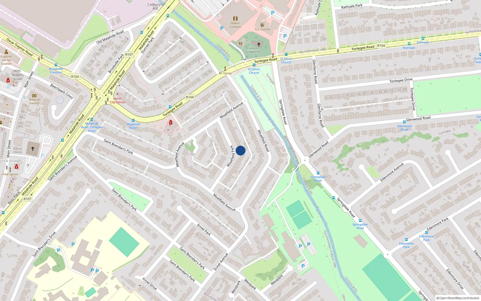 Overhead map showing the location of 23 Moatfield Park, Coolock, Dublin 5