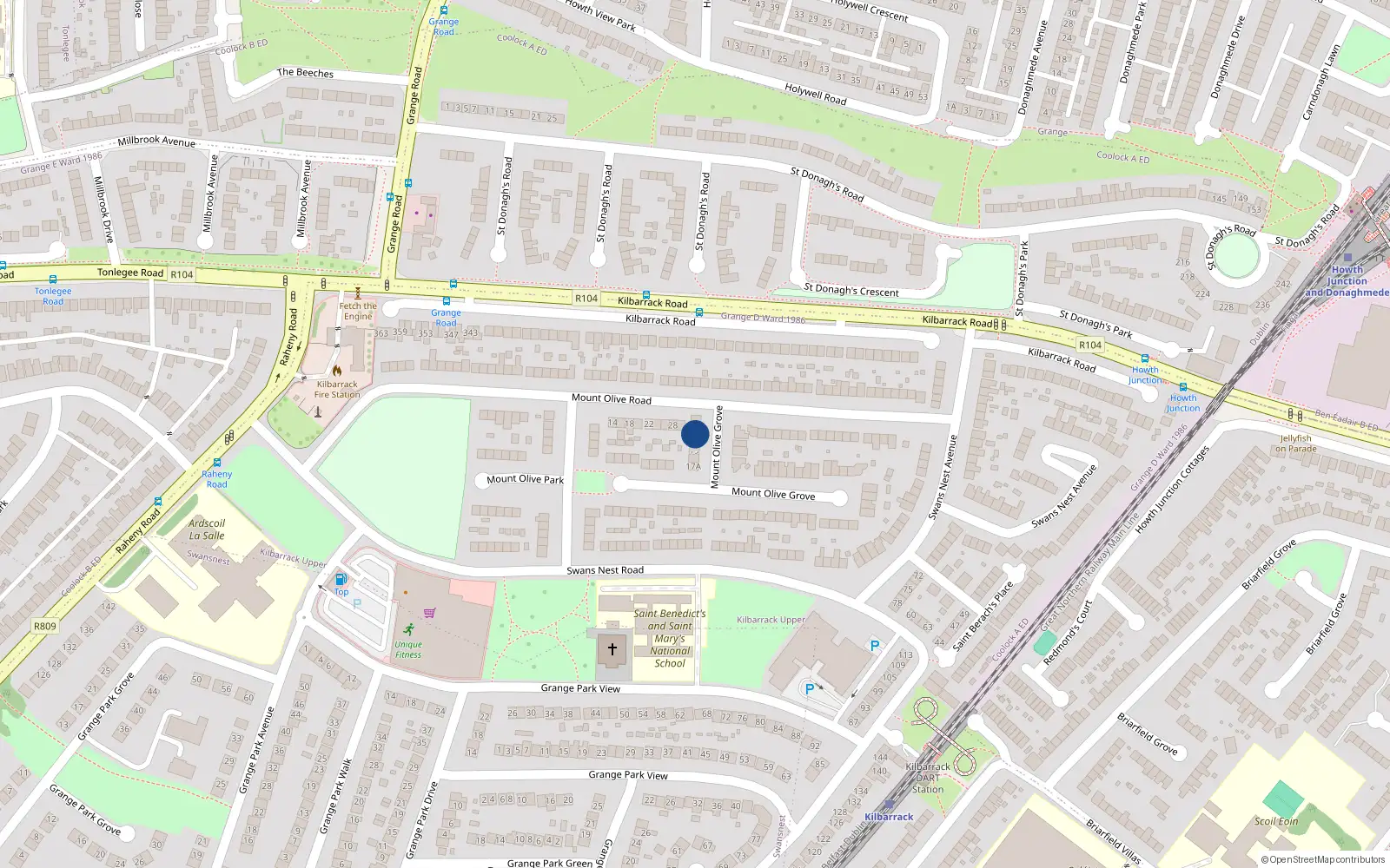 Overhead map showing the location of 23 Mount Olive Grove, Dublin 5