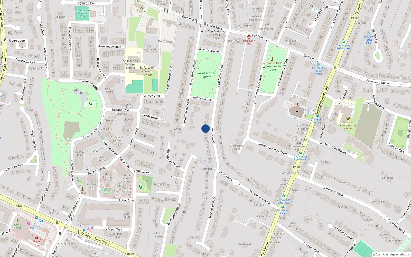 Overhead map showing the location of 23 Myrtle Park, Dublin
