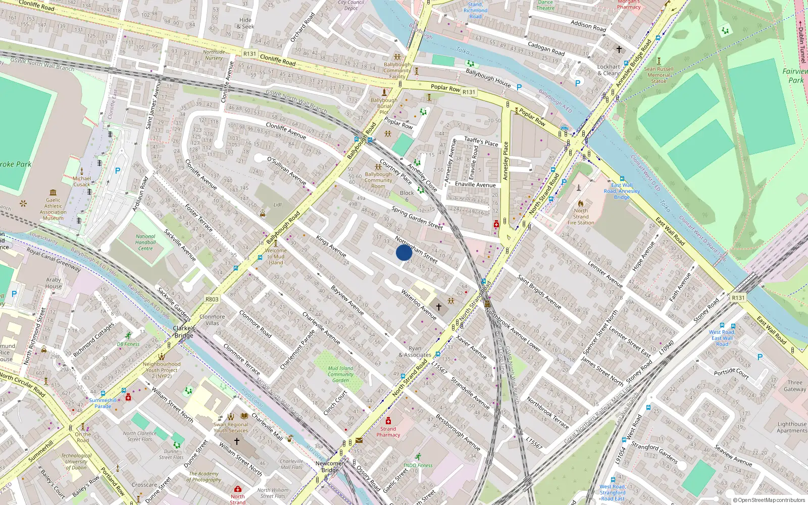 Overhead map showing the location of 23 Nottingham St, North Strand, Dublin 3