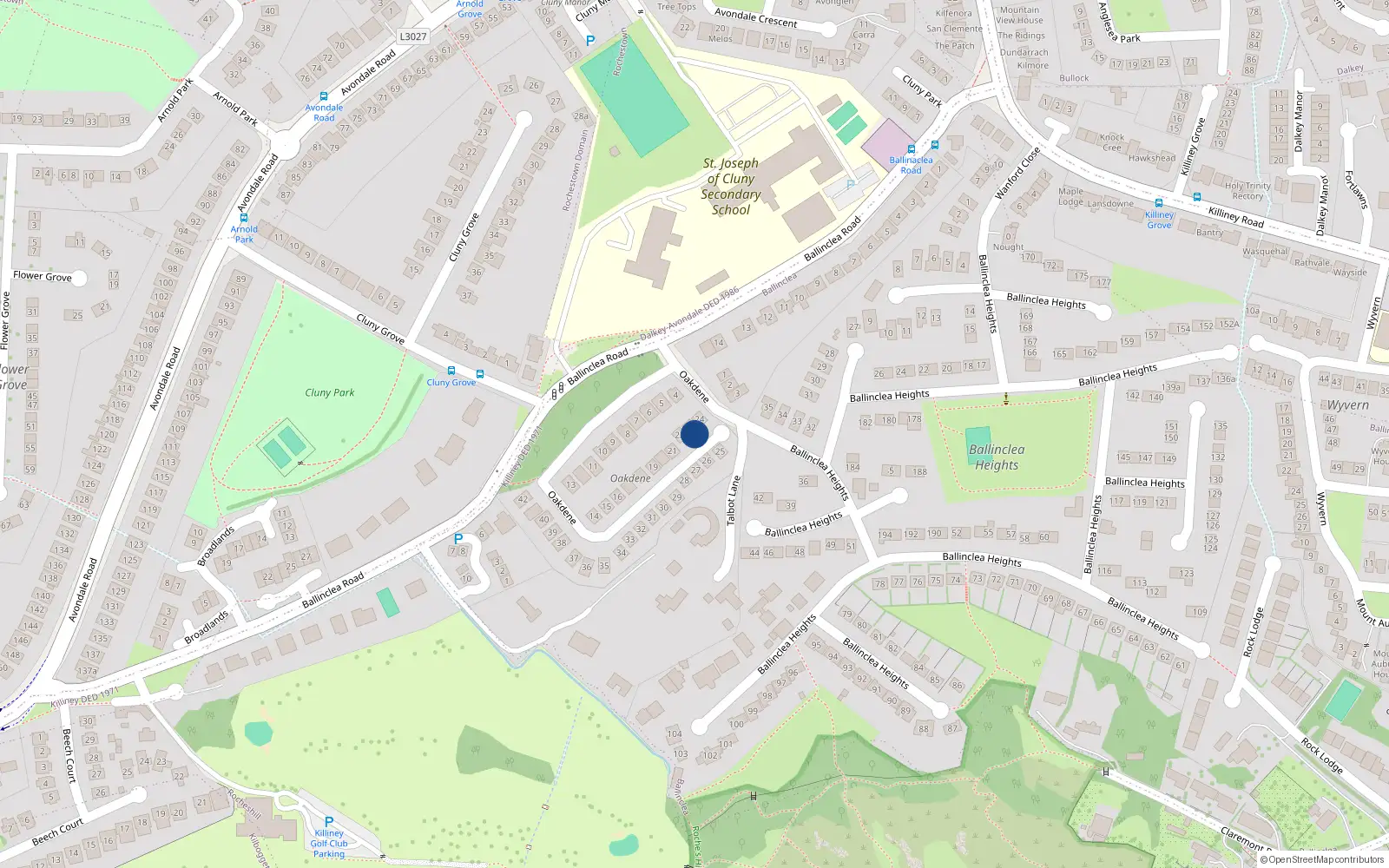Overhead map showing the location of 23 Oakdene, Killiney