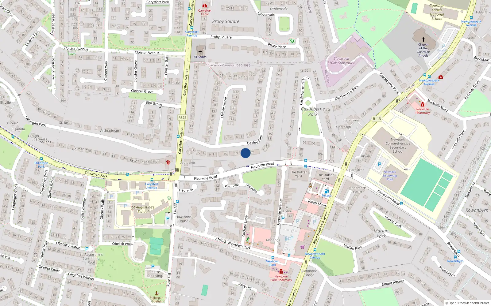 Overhead map showing the location of 23 Oakley Park, Dublin