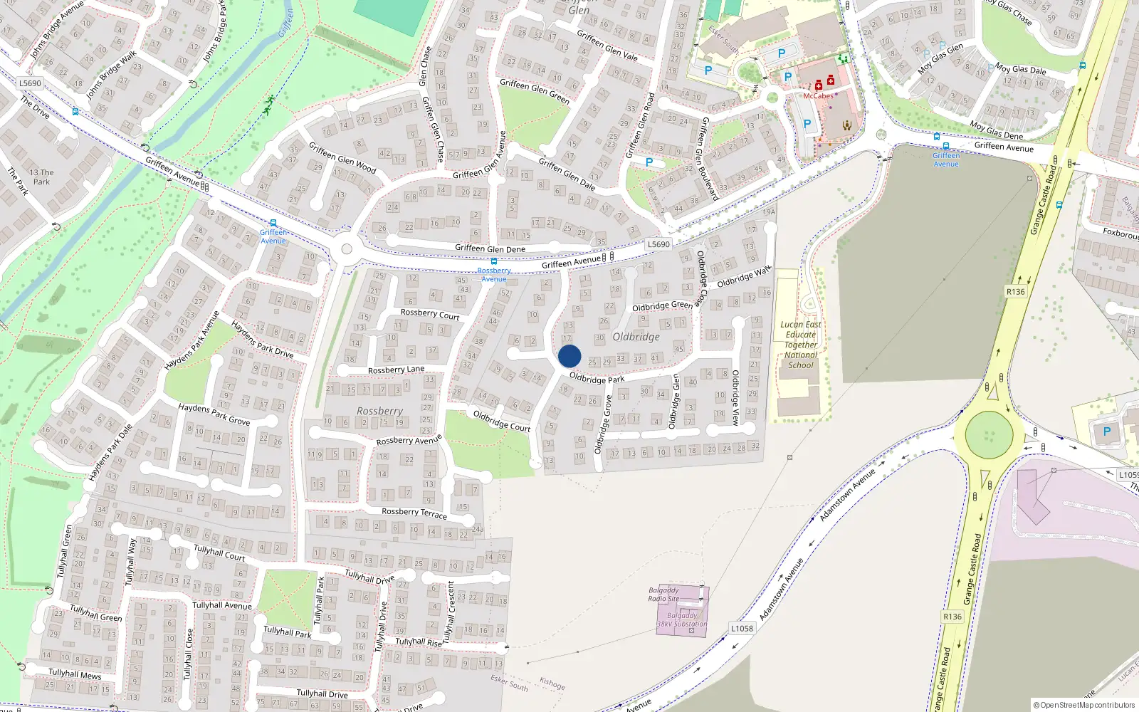 Overhead map showing the location of 23 Oldbridge Park, Lucan, Dublin
