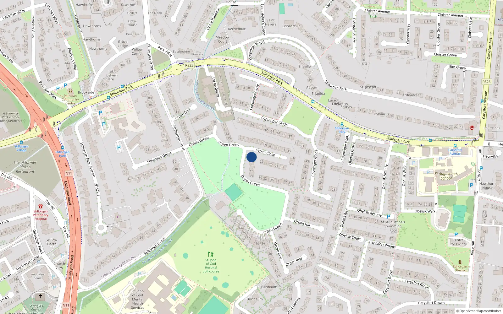 Overhead map showing the location of 23 Orpen Green, Stillorgan Grove, Stillorgan