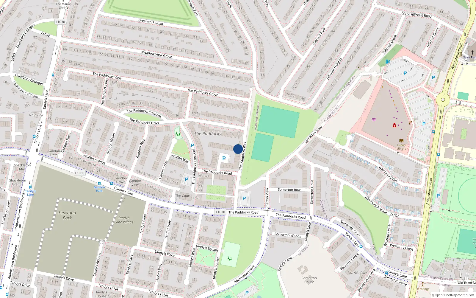 Overhead map showing the location of 23 Paddocks Road, Adamstown, Dublin