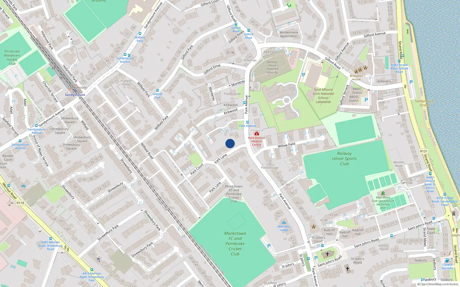 Overhead map showing the location of 23 Park Avenue, Sandymount