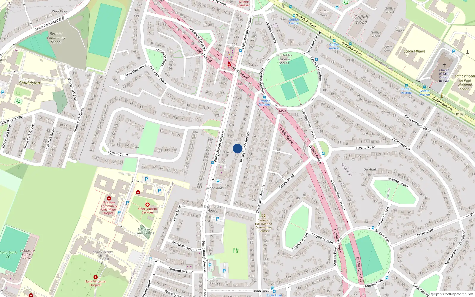 Overhead map showing the location of 23 Phillipsburgh Terrace, Marino, Dublin 3