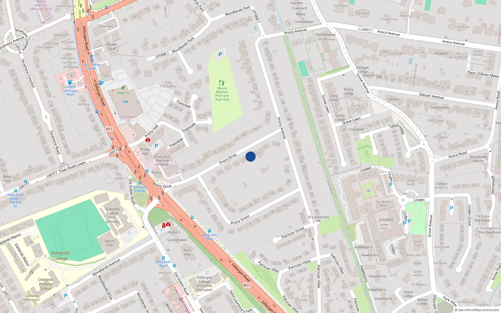 Overhead map showing the location of 23 Priory Drive, Dublin